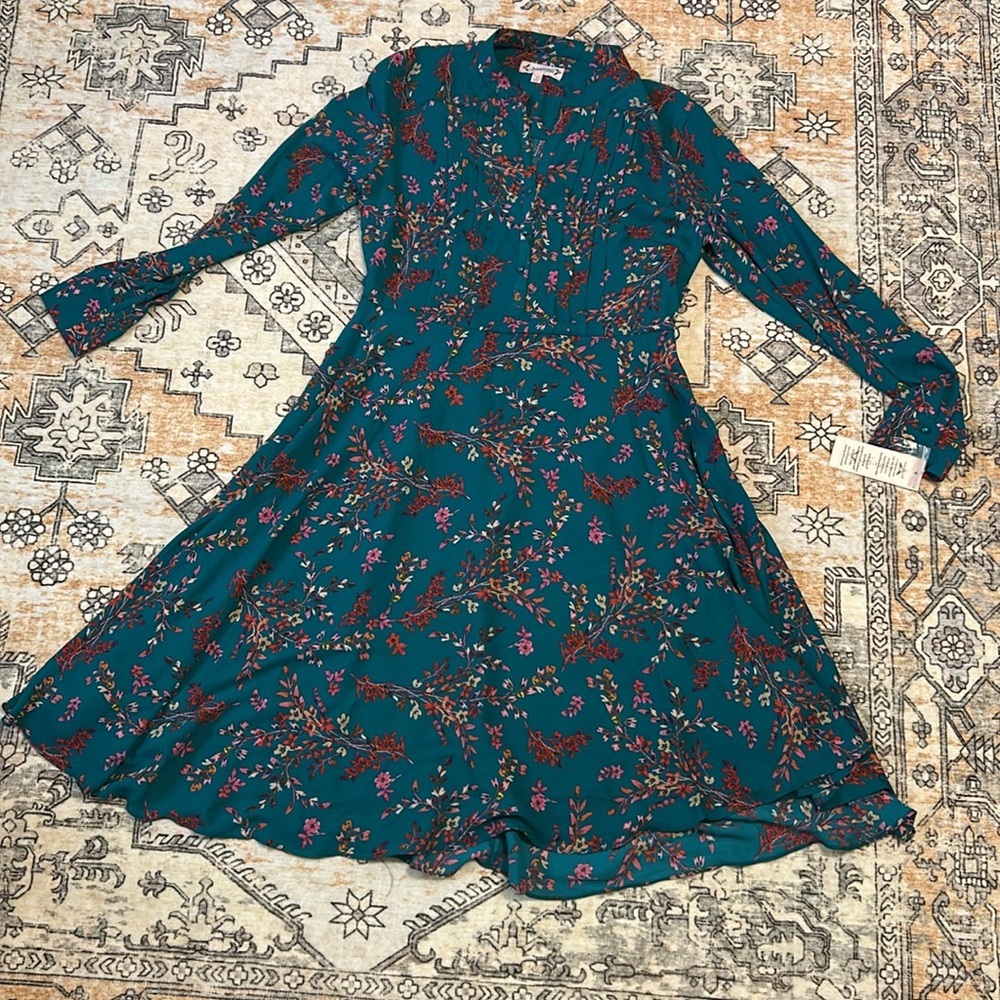 NWT NANETTE by NANETTE LEPORE 6 teal fit & flare midi L-sleeve floral dress - Picture 2 of 14